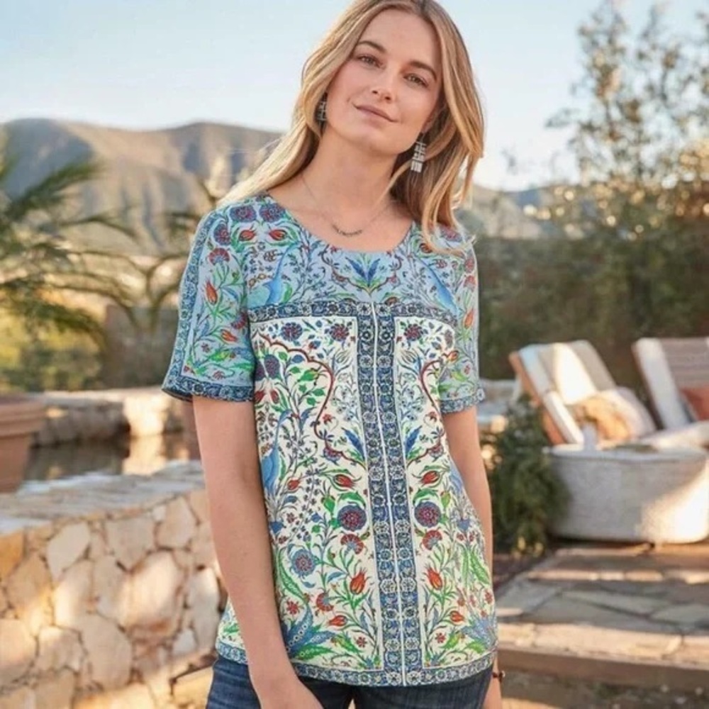 Sundance 100% Silk Izmir Top Small floral printed peacock short sleeve boho blue